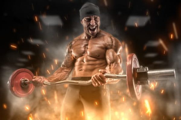 Intense athlete doing an arm curl workout routine