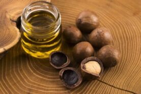 Macadamia nut oil on a table top